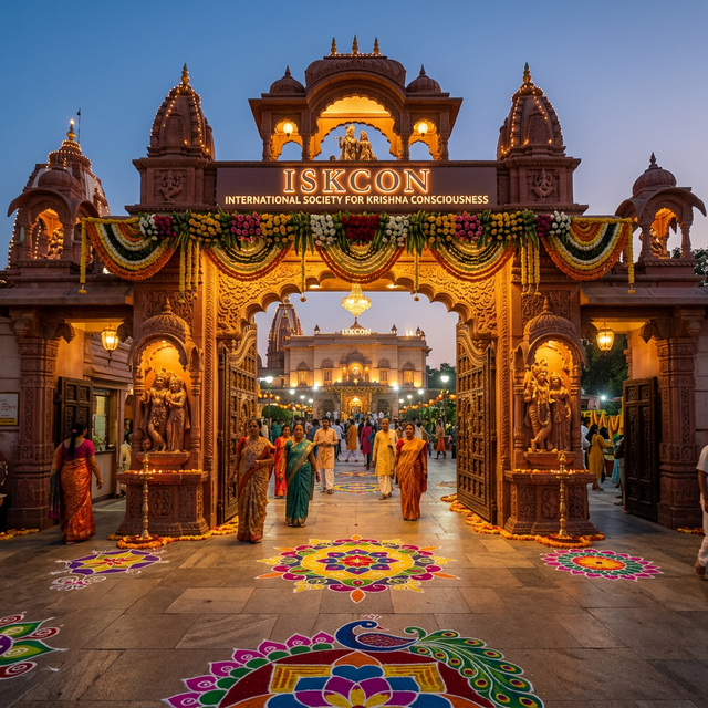 ISKCON temple entrance with flower decorations