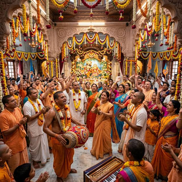 Vibrant Hare Krishna kirtan ceremony with devotees singing and dancing