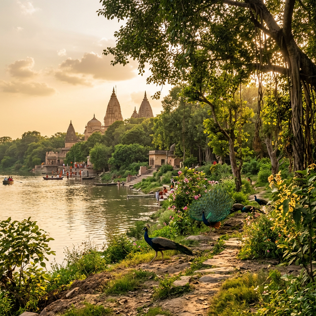 Serene Vrindavan landscape with Yamuna river