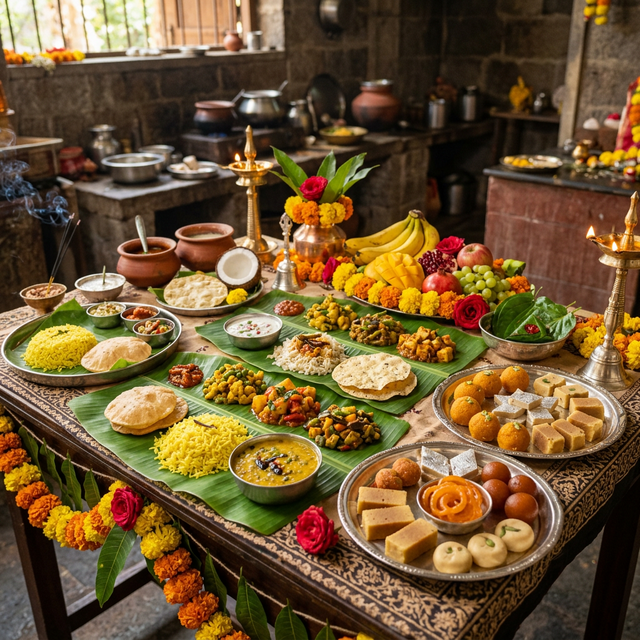 Traditional prasadam food offerings beautifully arranged