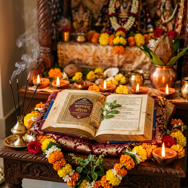 Sacred Bhagavad Gita scripture on decorated altar